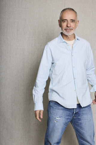 Koike blue shirt with white stripe