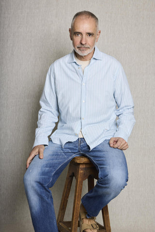 Koike blue shirt with white stripe