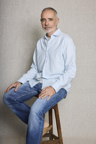 Koike blue shirt with white stripe