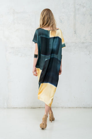 VESTIDO ASIMÉTRICO AMARILLO Y AZUL